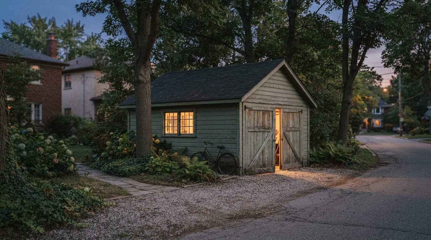 A humble 1930s suburban garage glowing at dusk, evoking the birthplace of Silicon Valley