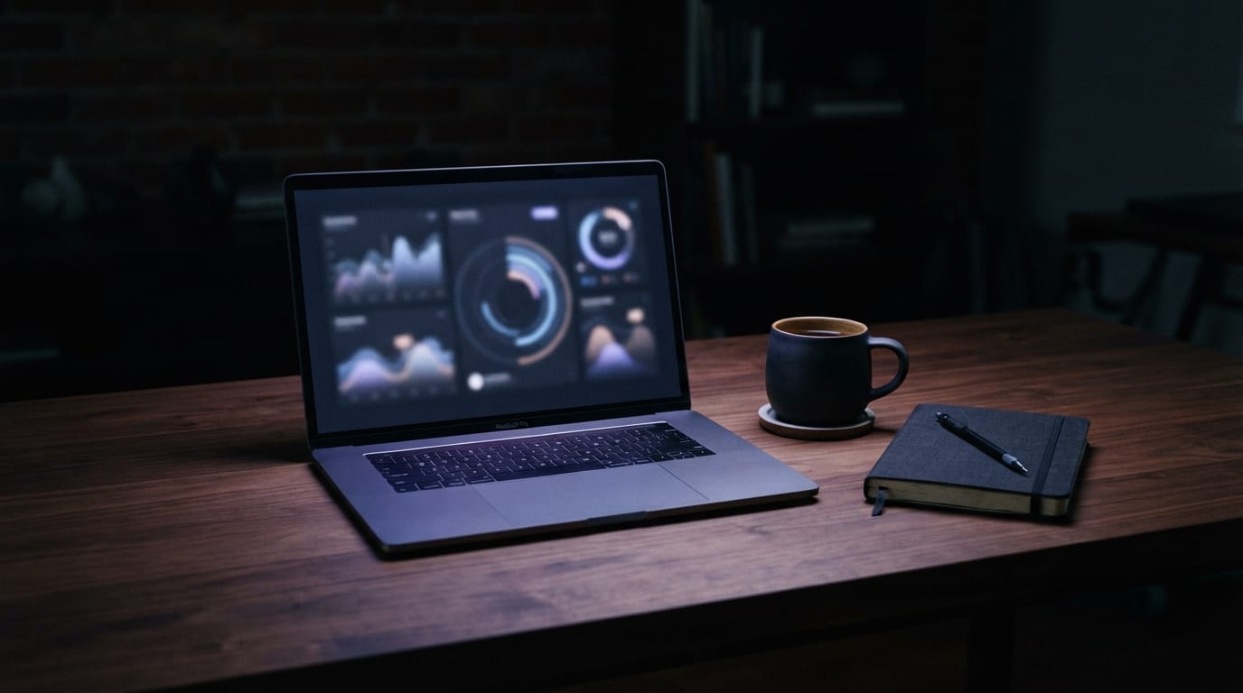 A quiet desk at night lit by a single screen showing abstract graphs, evoking relentless self-optimization