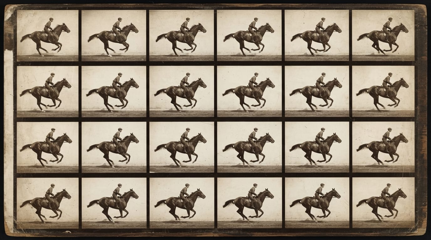 Sequential frozen frames of a galloping horse in a vintage motion study, evoking the 1878 origins of measurement in Palo Alto