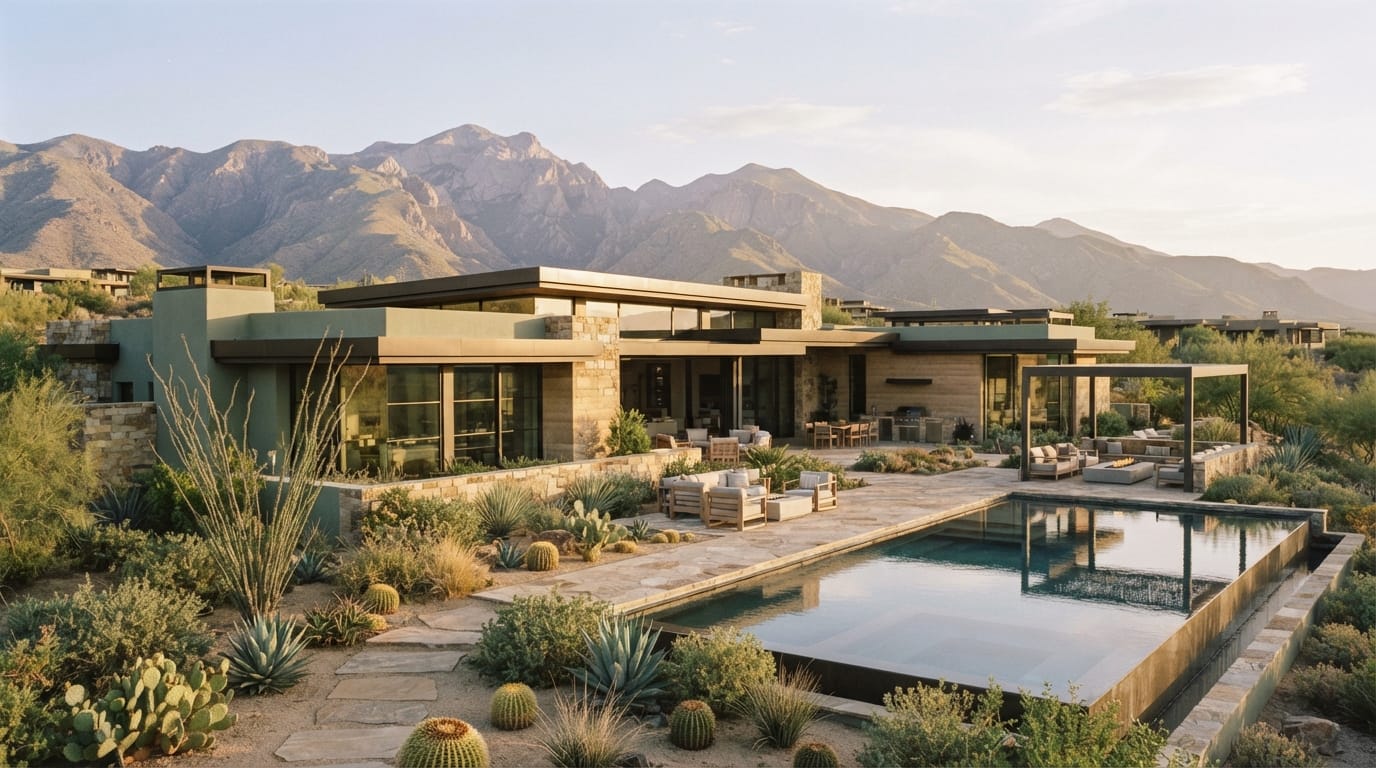 An opulent low desert-modern estate with mountain views in golden light, private, evoking Paradise Valley