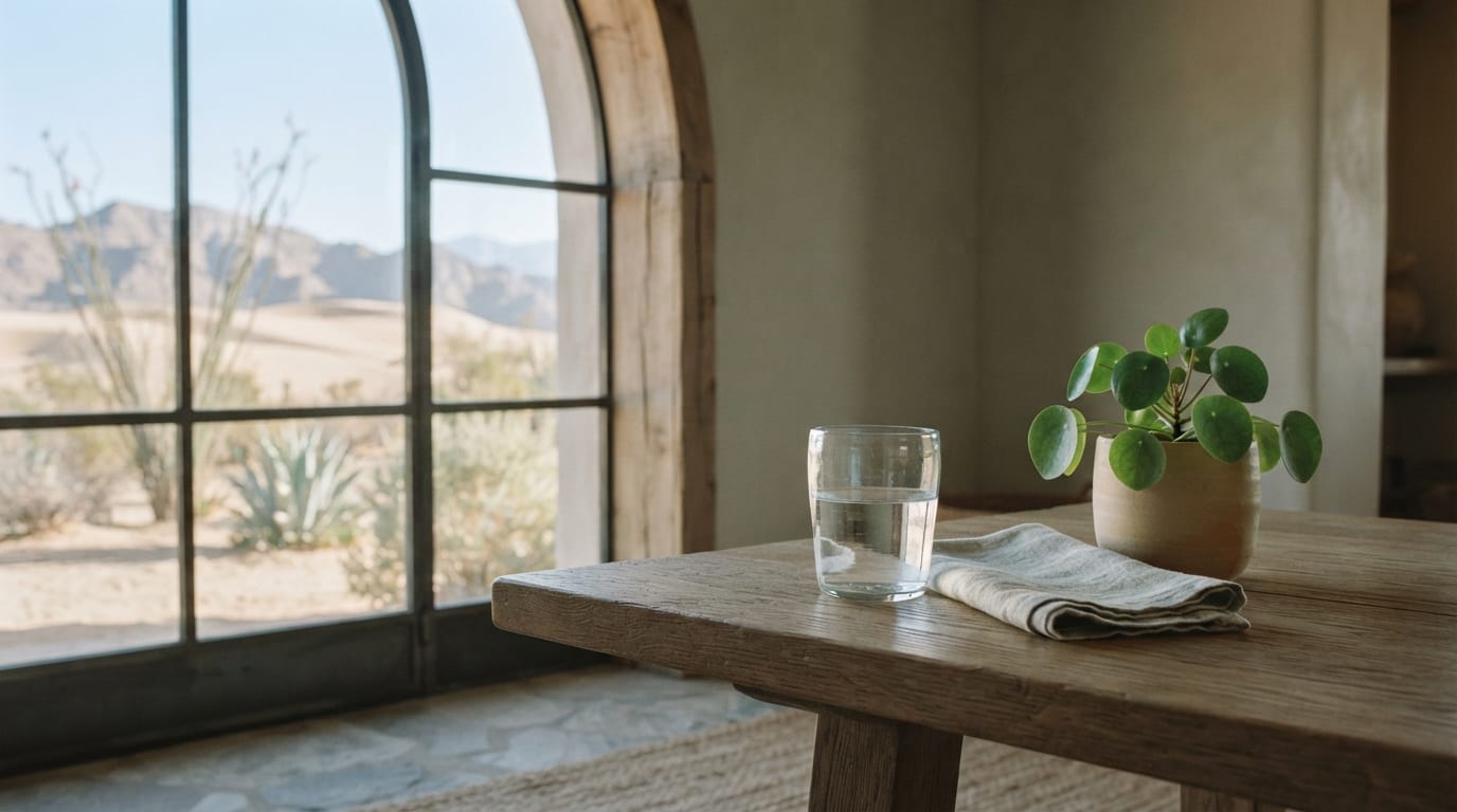 Calm morning light on a simple table with a glass of water, evoking relief and clinical clarity in Paradise Valley