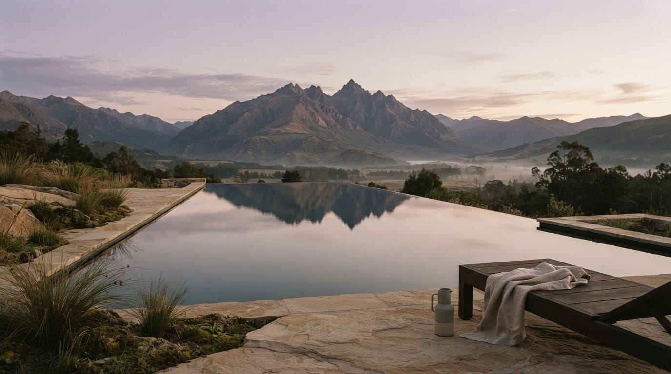 A still infinity pool reflecting the mountain at dawn, perfect and solitary, evoking Paradise Valley