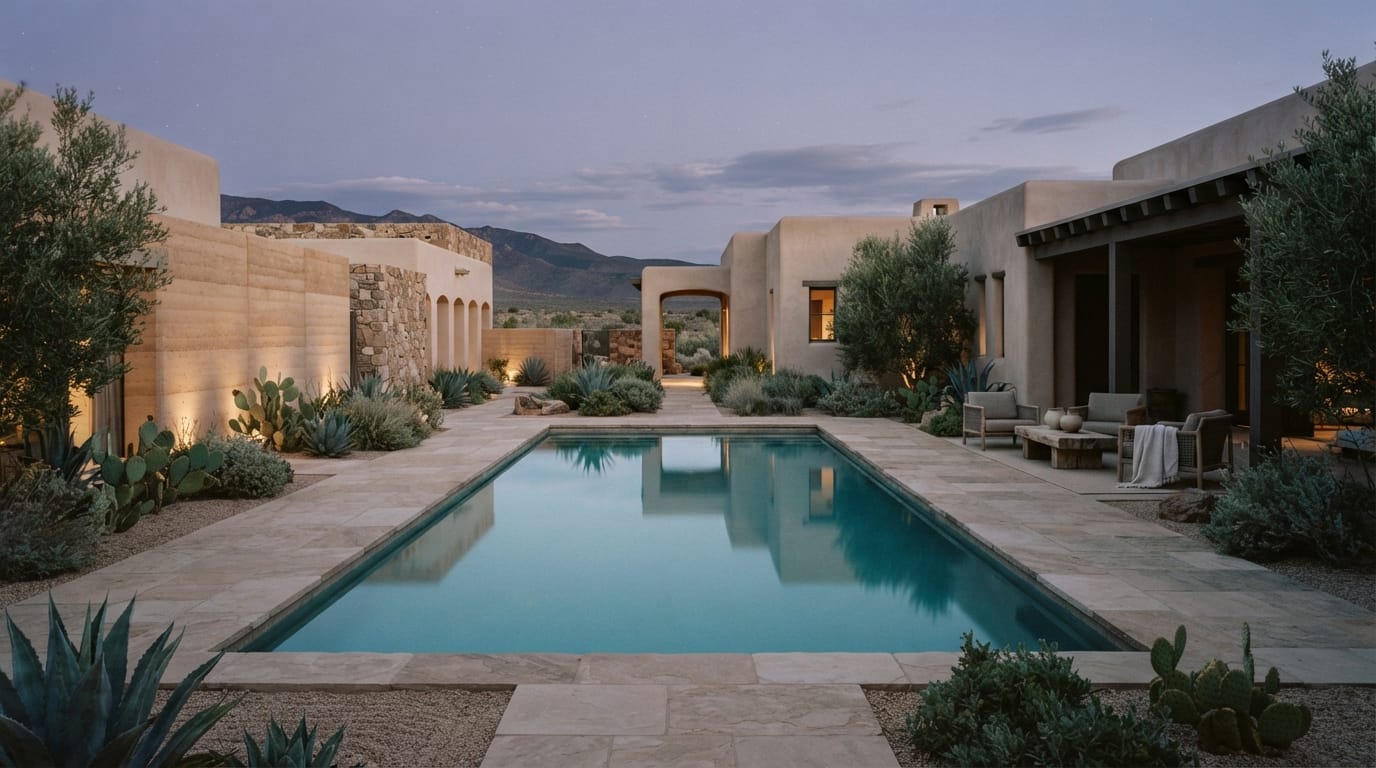 A serene desert luxury resort courtyard with a still turquoise pool at dusk, evoking Paradise Valley