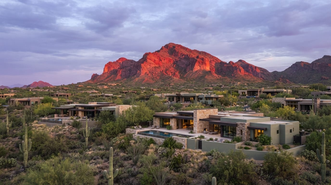 Camelback Mountain glowing red at dawn over sparse luxury desert homes, evoking Paradise Valley