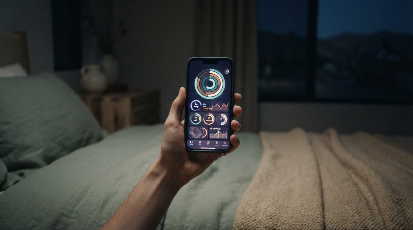 A hand holding a phone glowing with abstract health-dashboard rings in the dark, evoking private self-tracking in Paradise Valley