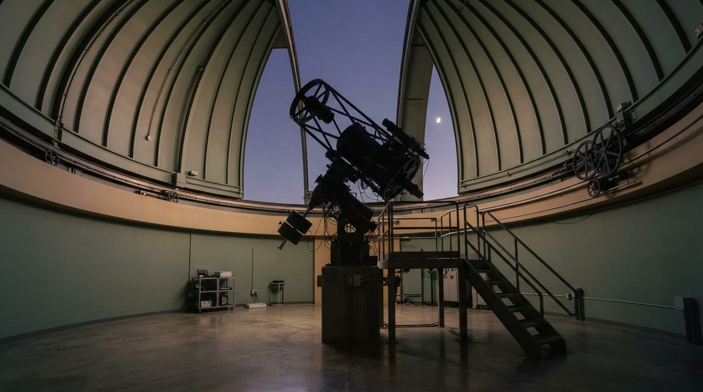 A spare observatory interior with a telescope silhouette beneath a domed ceiling, evoking Pasadena’s elite science