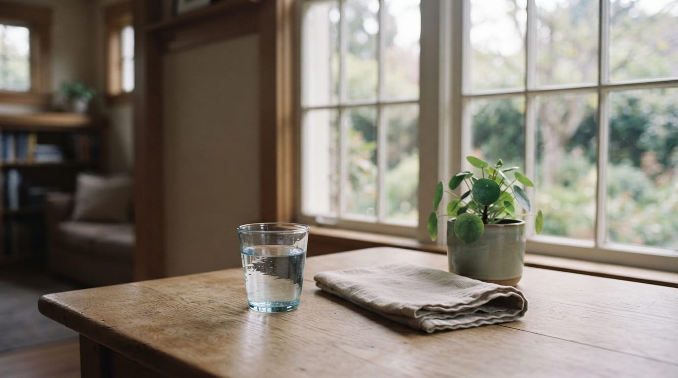 Calm morning light on a simple table with a glass of water, evoking relief and clinical clarity in Pasadena