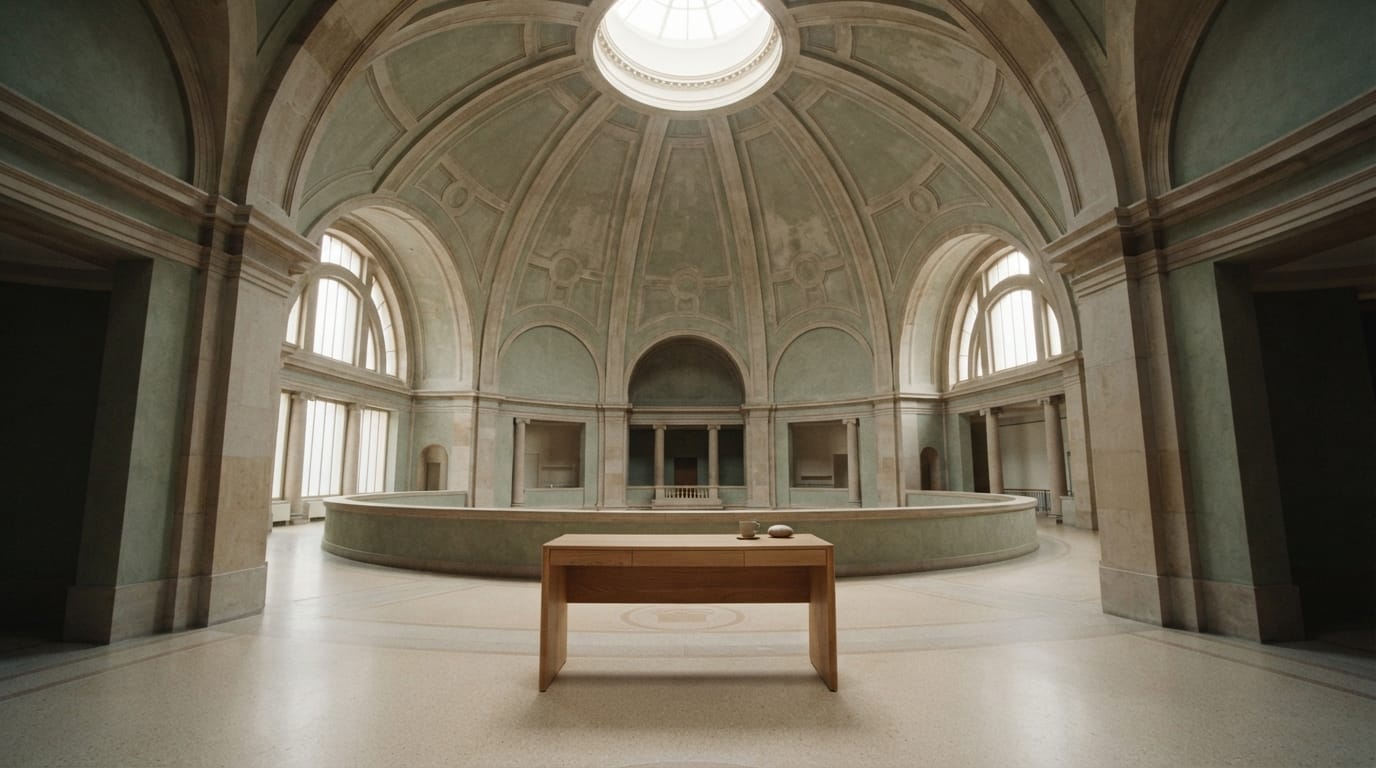 A lone empty desk beneath a vast domed ceiling, brilliant and solitary, evoking Pasadena