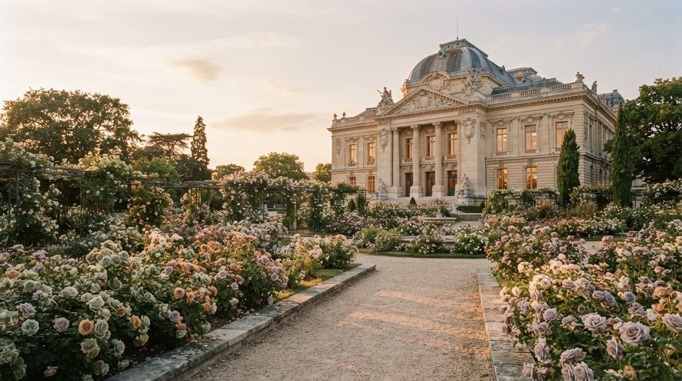 Grand Beaux-Arts architecture beside rose gardens at golden hour, evoking Pasadena