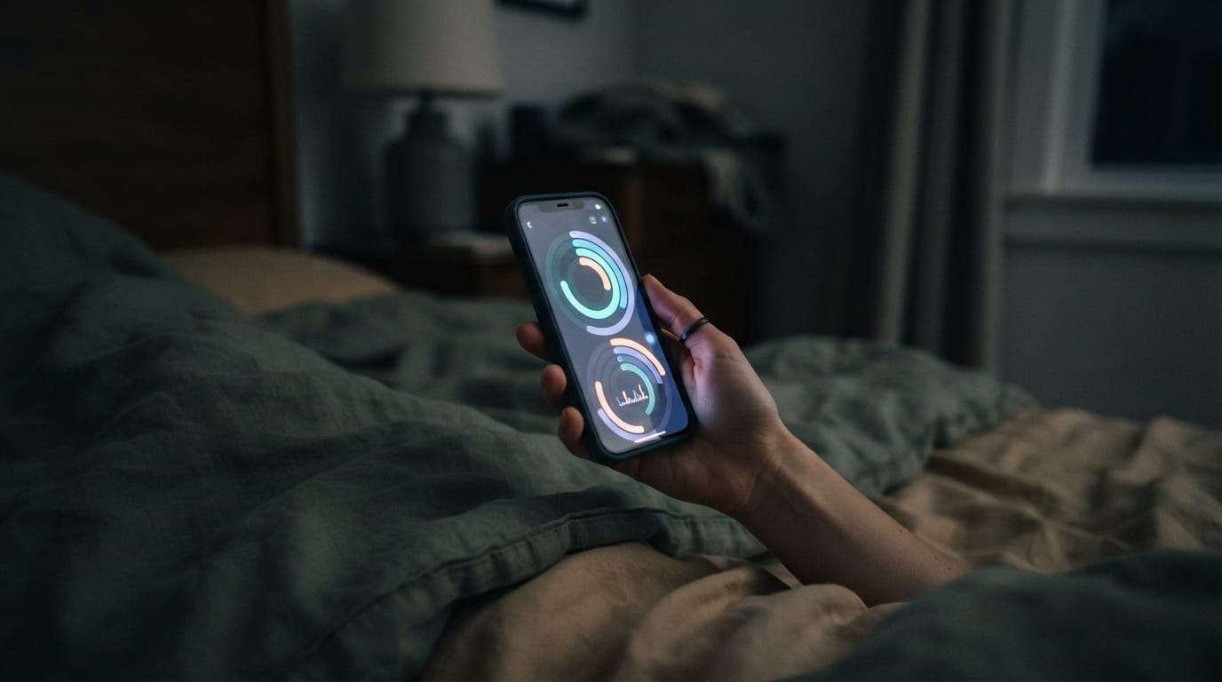 A hand holding a phone glowing with abstract health-dashboard rings in the dark, evoking the biomarker-tracking loop in Pasadena