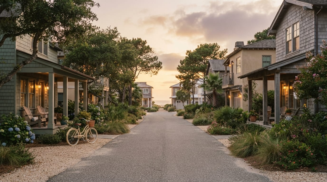 A comfortable family beach neighborhood street in warm evening light, evoking Redondo Beach