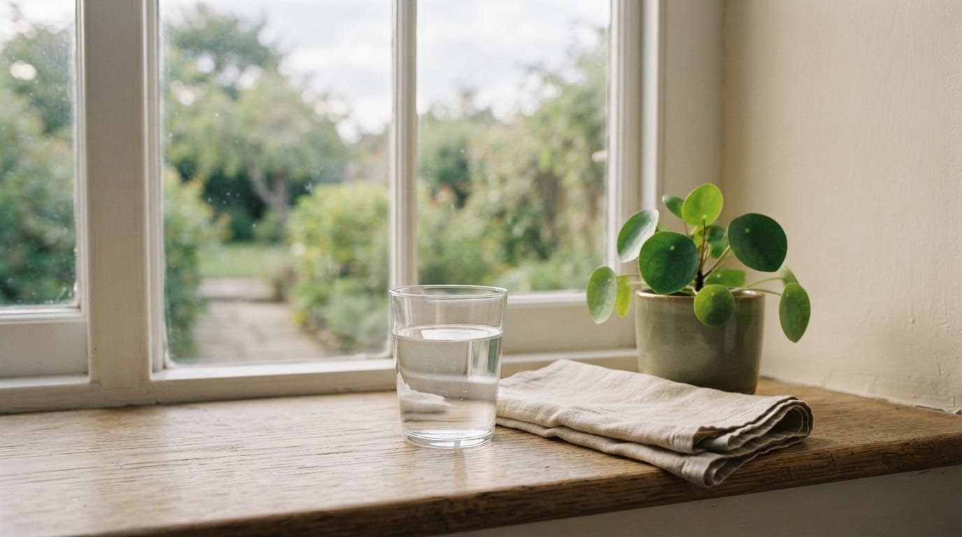 Calm morning light on a simple table with a glass of water, evoking relief and clinical clarity in Redondo Beach