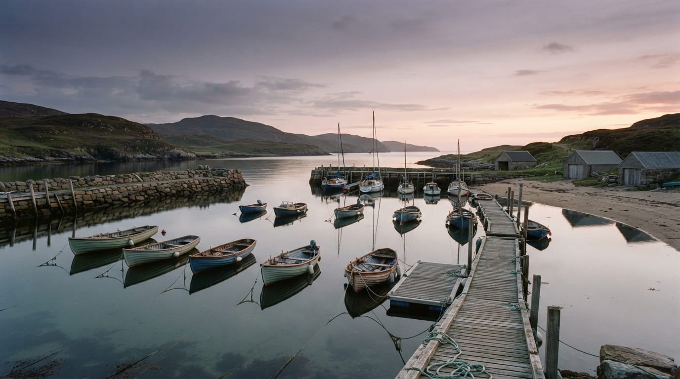 A calm harbor at dawn with boats still on glassy water, grounded and quiet, evoking Redondo Beach