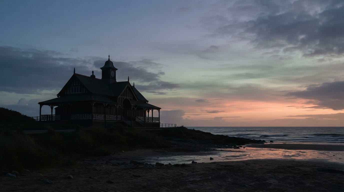 A historic beach pavilion silhouette against a dusk sky, evoking Redondo Beach