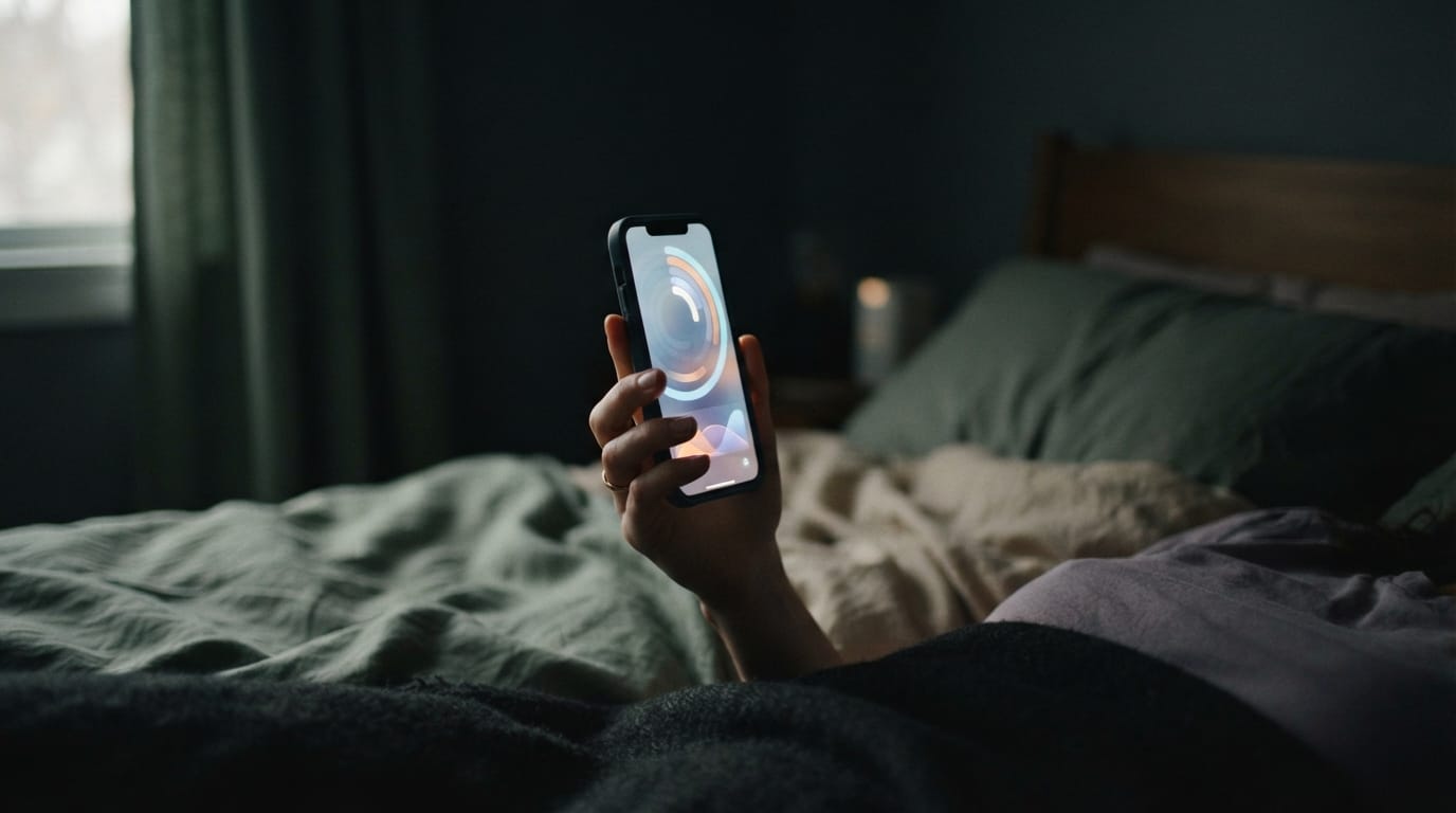 A hand holding a phone glowing with abstract health-dashboard rings in the dark, evoking the biomarker-tracking loop in Redondo Beach