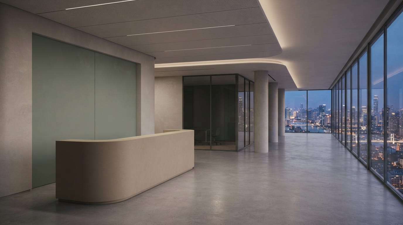 A sleek minimalist empty tech office interior at dusk with city lights beyond the windows, evoking San Francisco tech culture