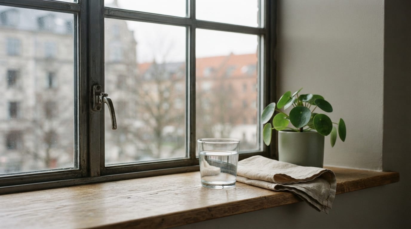 Calm morning light on a simple table with a glass of water, evoking relief and clinical clarity in San Francisco
