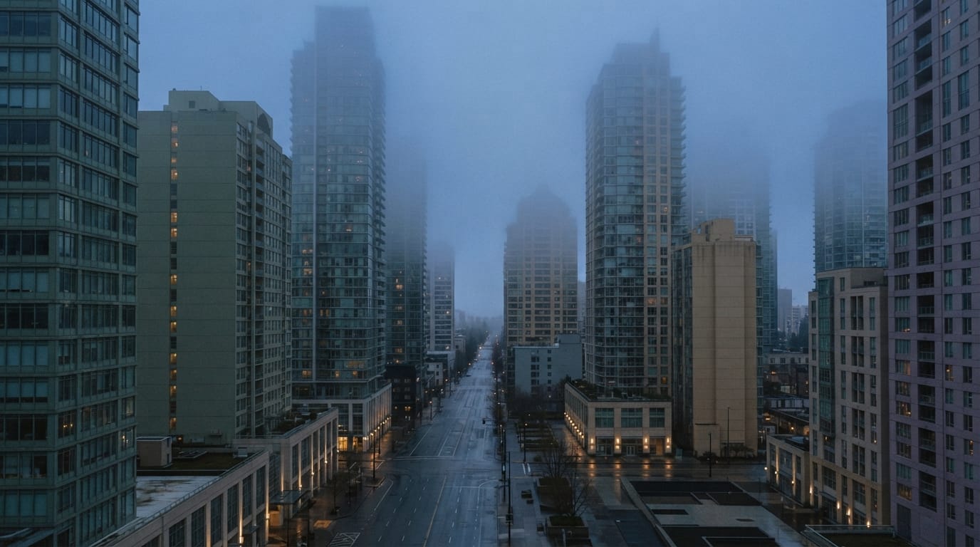 Fog rolling between tall towers at blue hour over empty streets, evoking isolation in San Francisco