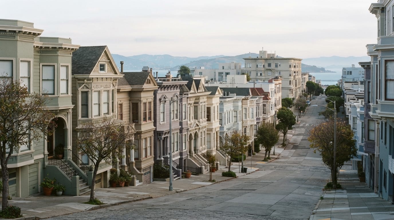 Steep rows of ornate Victorian rowhouses climbing a hill in soft morning light, evoking San Francisco