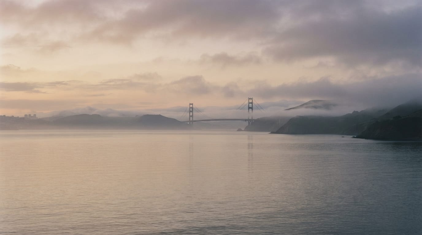The San Francisco bay and hills under drifting fog at dawn with a bridge silhouette in the distance