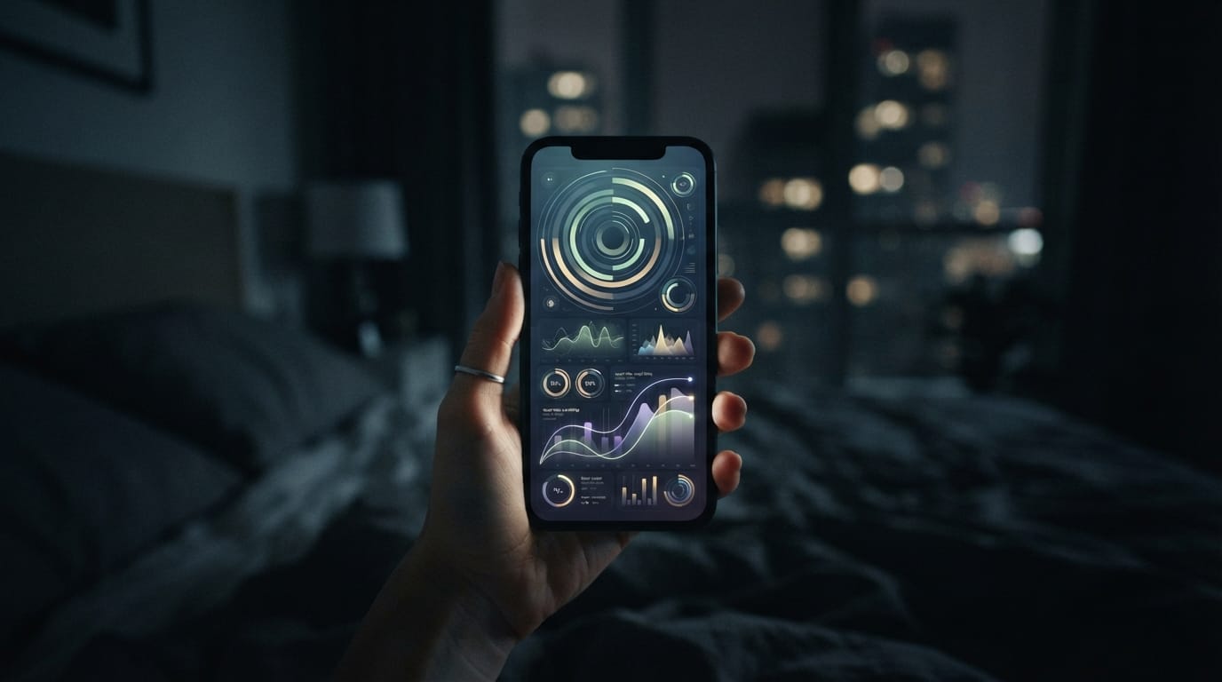 A hand holding a phone glowing with abstract health-dashboard rings in a dark room, evoking the biomarker-tracking loop in San Francisco
