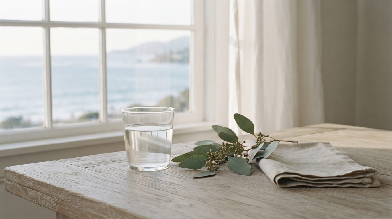 Soft ocean morning light on a simple table with water and eucalyptus, evoking relief and clinical clarity