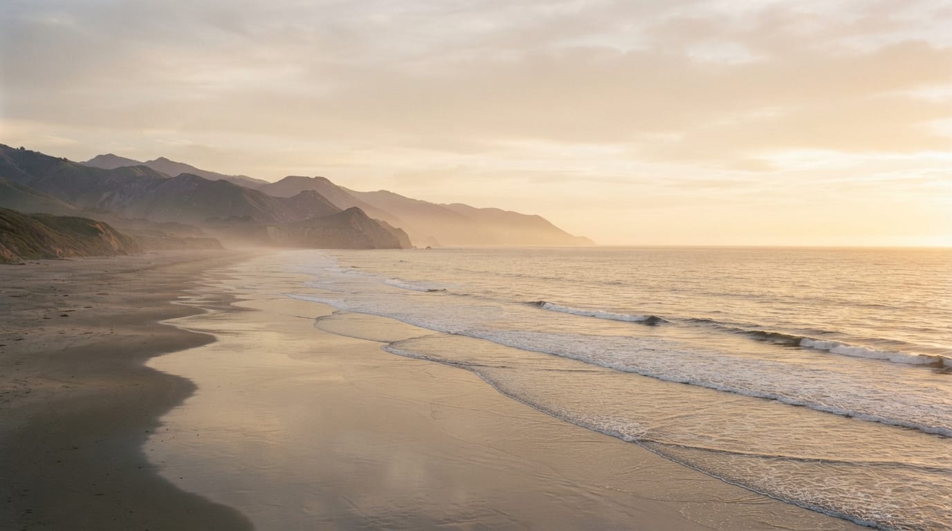 A calm Pacific coastline and beach at golden hour with soft haze, evoking Santa Monica