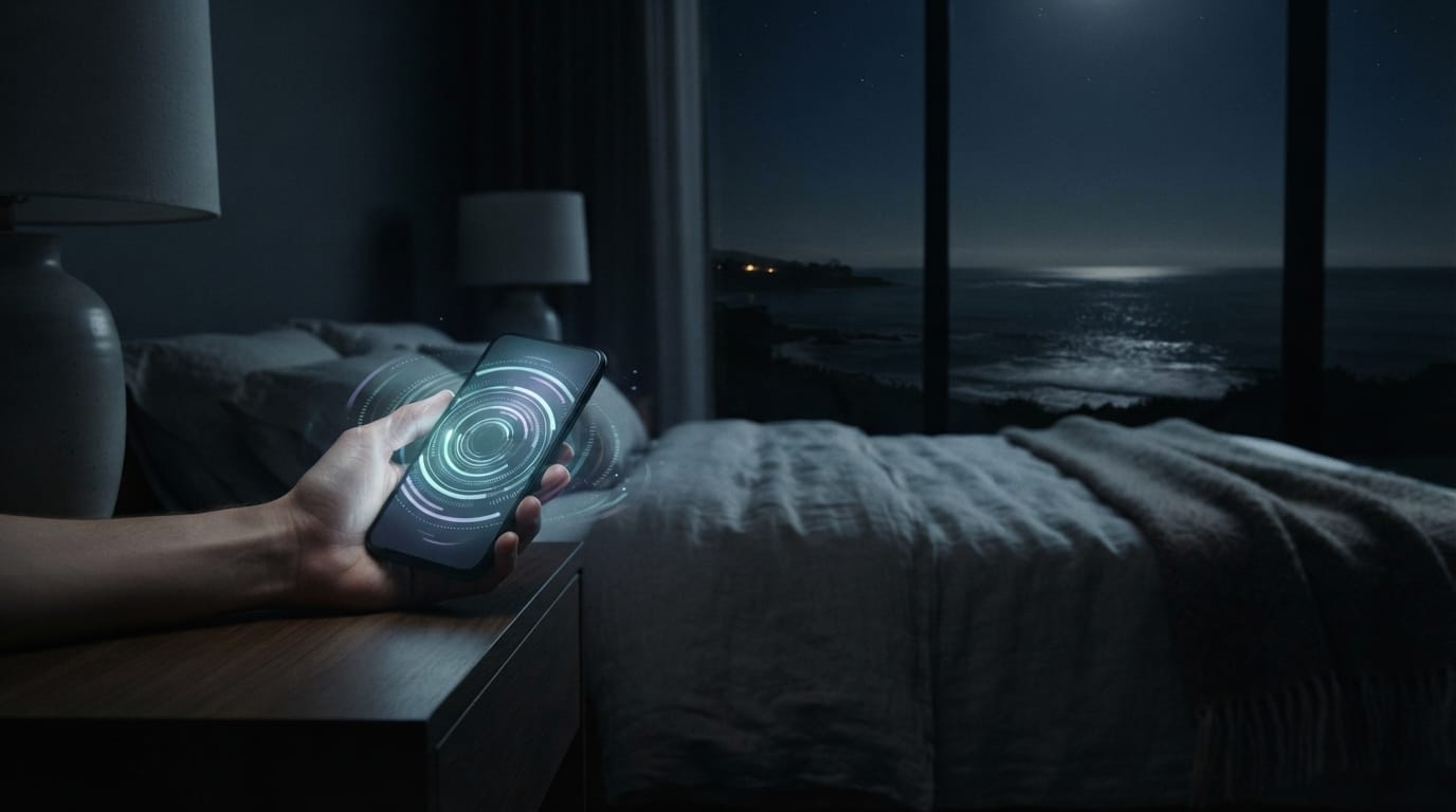 A serene beachside room at night lit by a phone’s soft glow of abstract data, evoking the self-tracking loop
