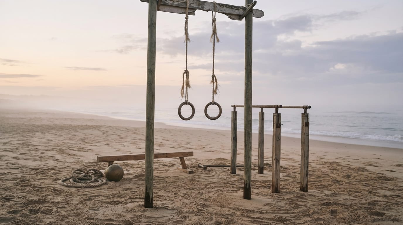 Empty vintage gymnastic rings on the sand at dawn, evoking Santa Monica’s Muscle Beach heritage