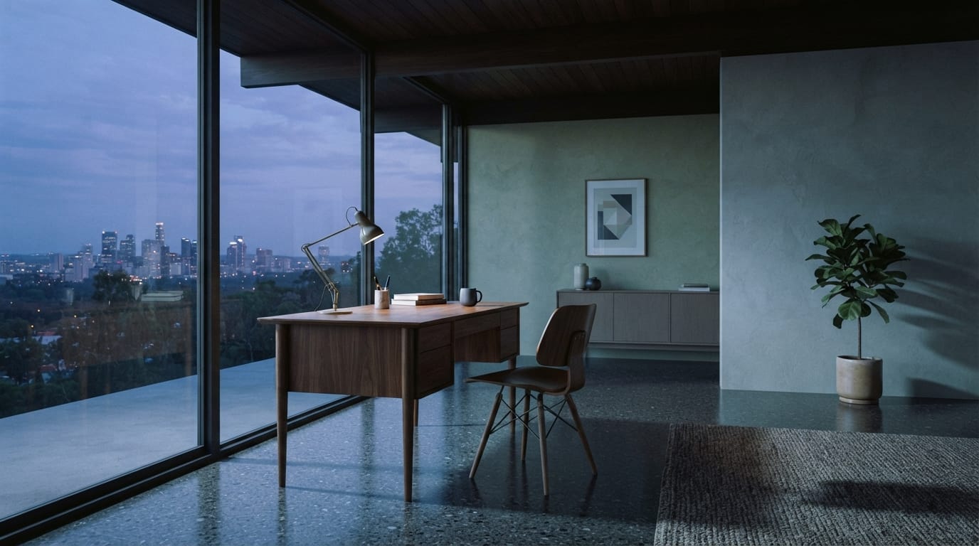 A spare mid-century modern interior with a lone desk in cool light, evoking Santa Monica’s Cold War think-tank heritage