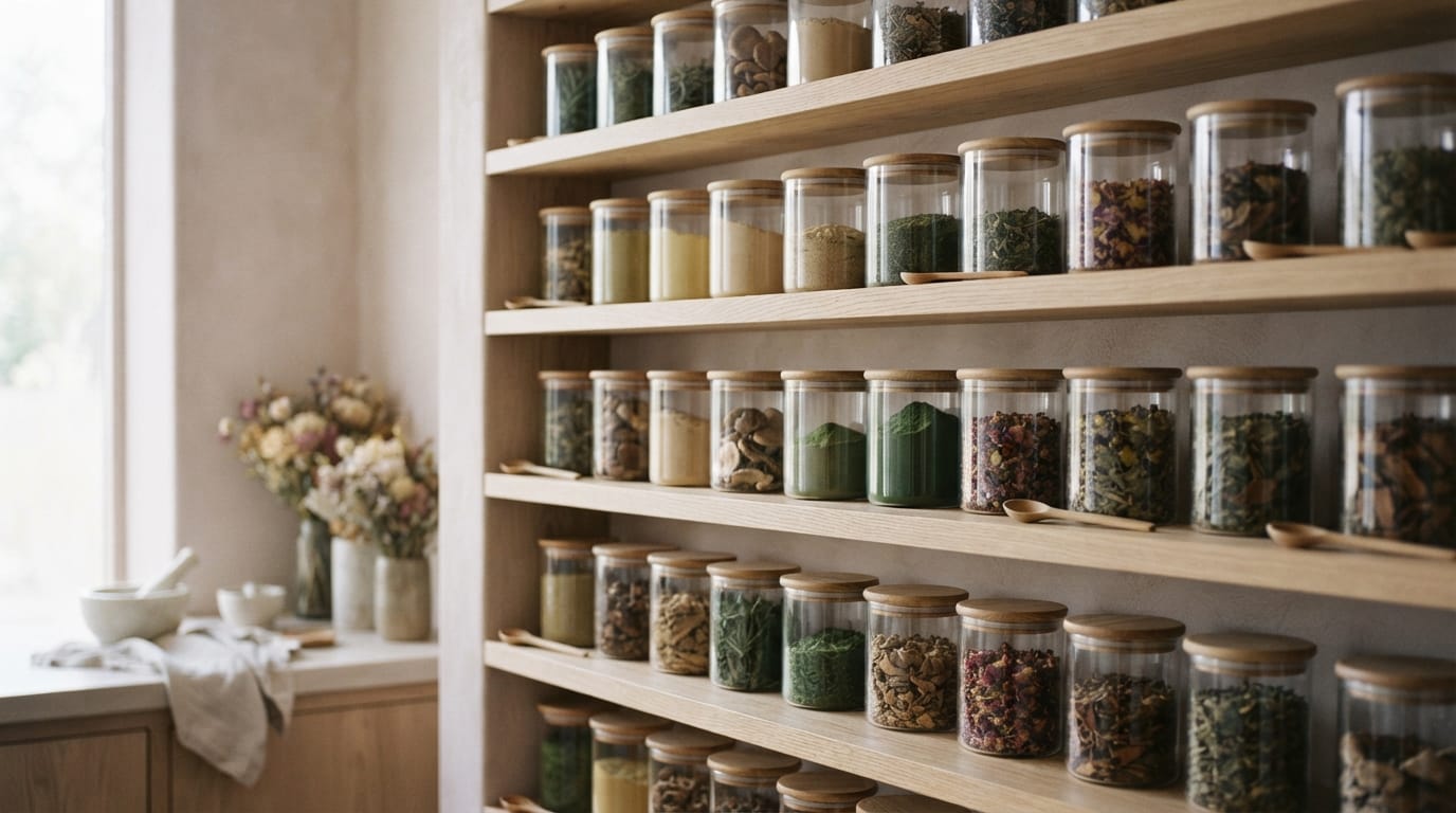 Minimalist apothecary shelves of glass jars and powders in soft light, evoking Santa Monica’s wellness-commerce culture
