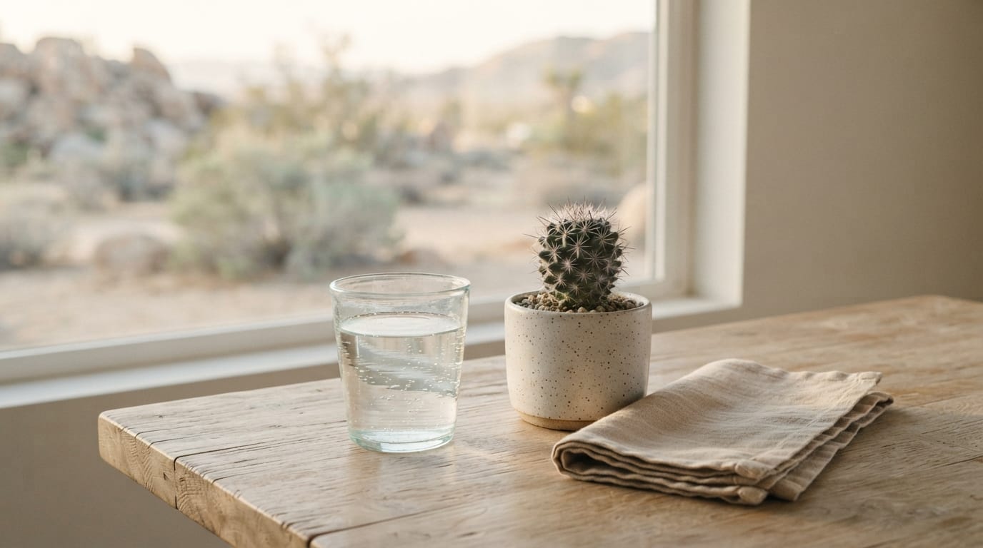 Warm desert morning light on a simple table with water and a small cactus, evoking relief and clinical clarity