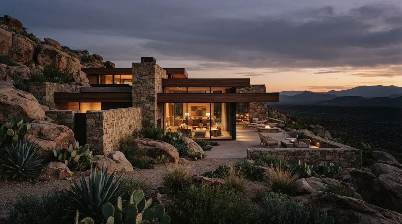 Low geometric stone-and-timber desert architecture at dusk, evoking Scottsdale’s Taliesin West legacy