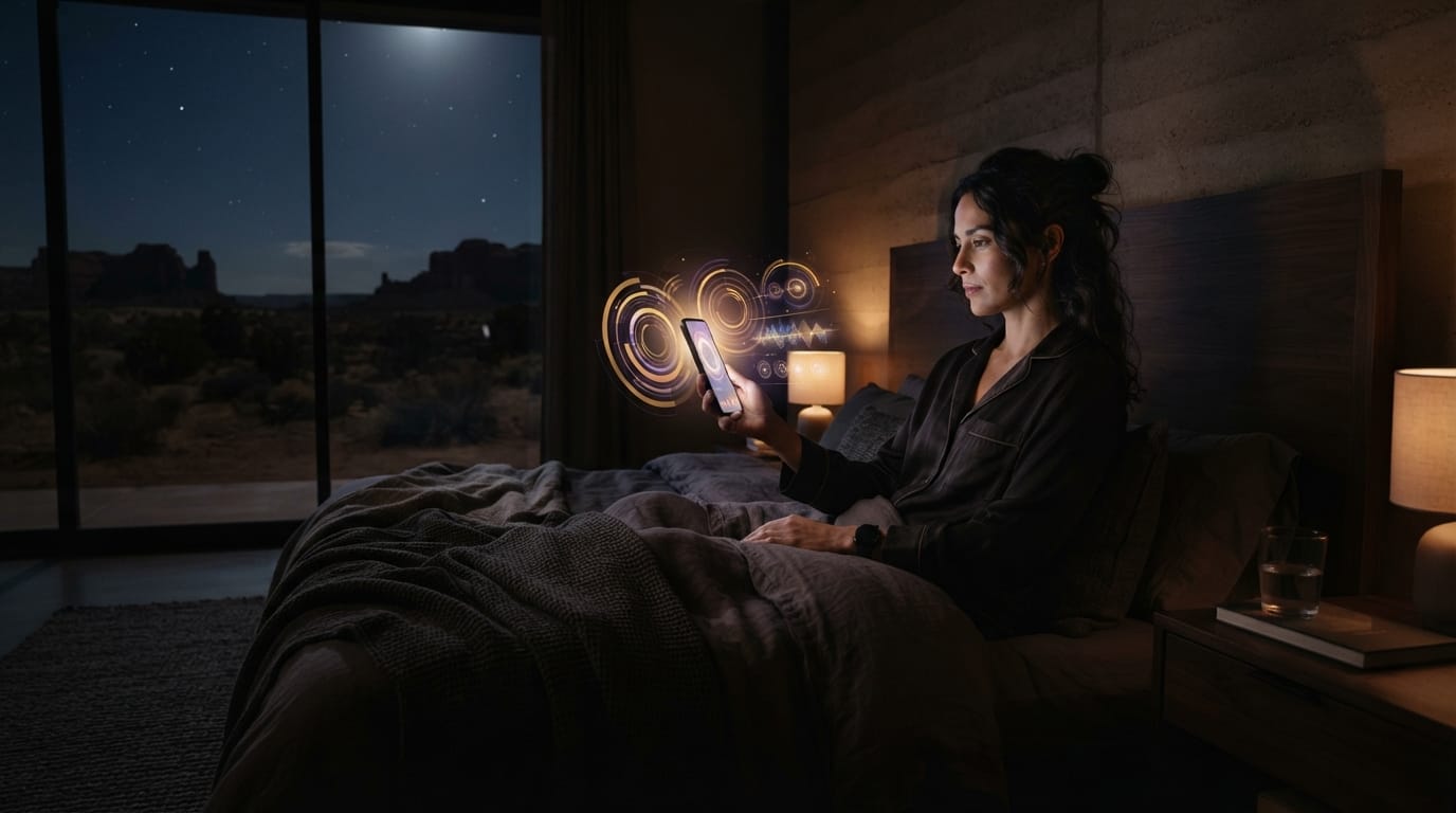A desert-modern bedroom at night lit by a phone’s soft glow of abstract data, evoking the self-tracking loop