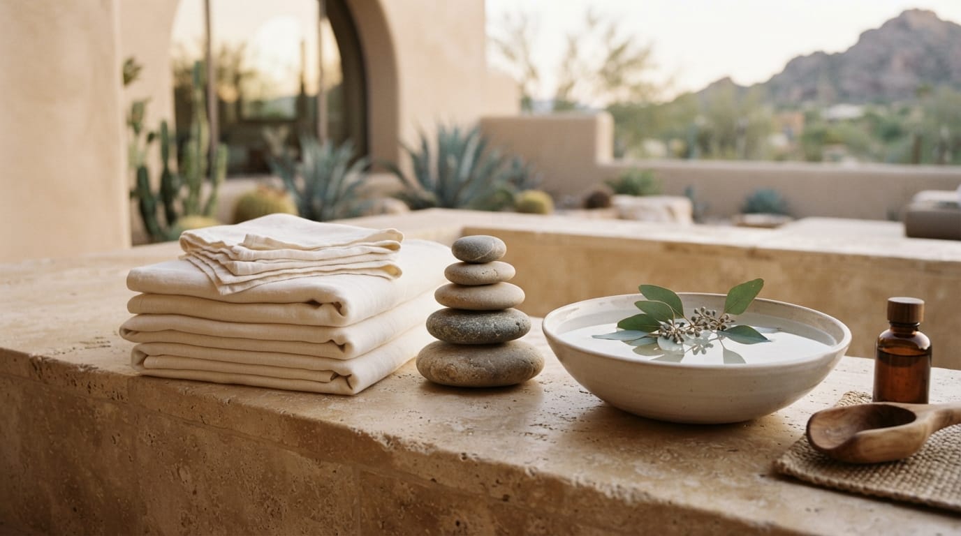 A serene luxury spa still life of folded linens, stones, and water, evoking Scottsdale’s wellness economy