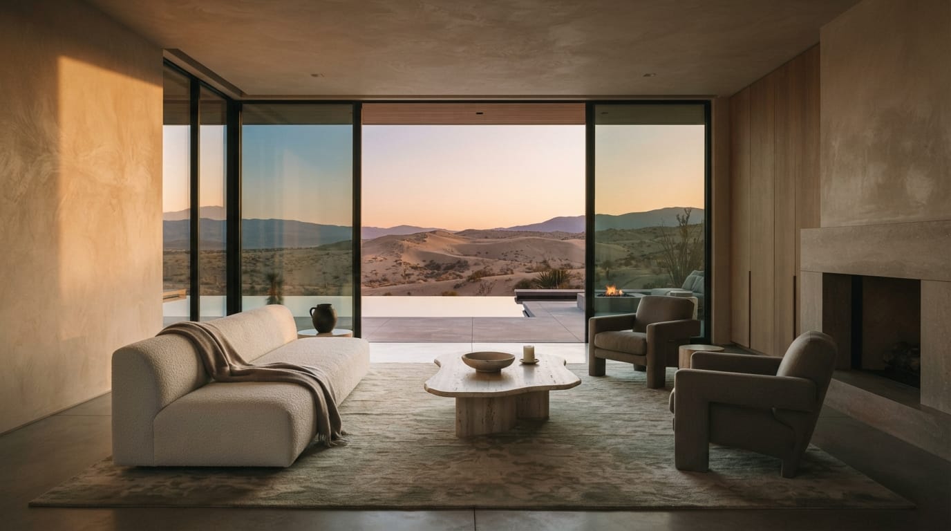 An opulent but empty desert-modern living room in quiet golden light, evoking wealth without equanimity
