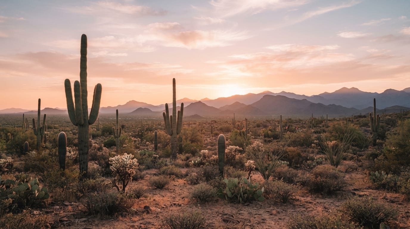 The Sonoran desert with saguaros and mountains at dawn in warm calm light, evoking Scottsdale