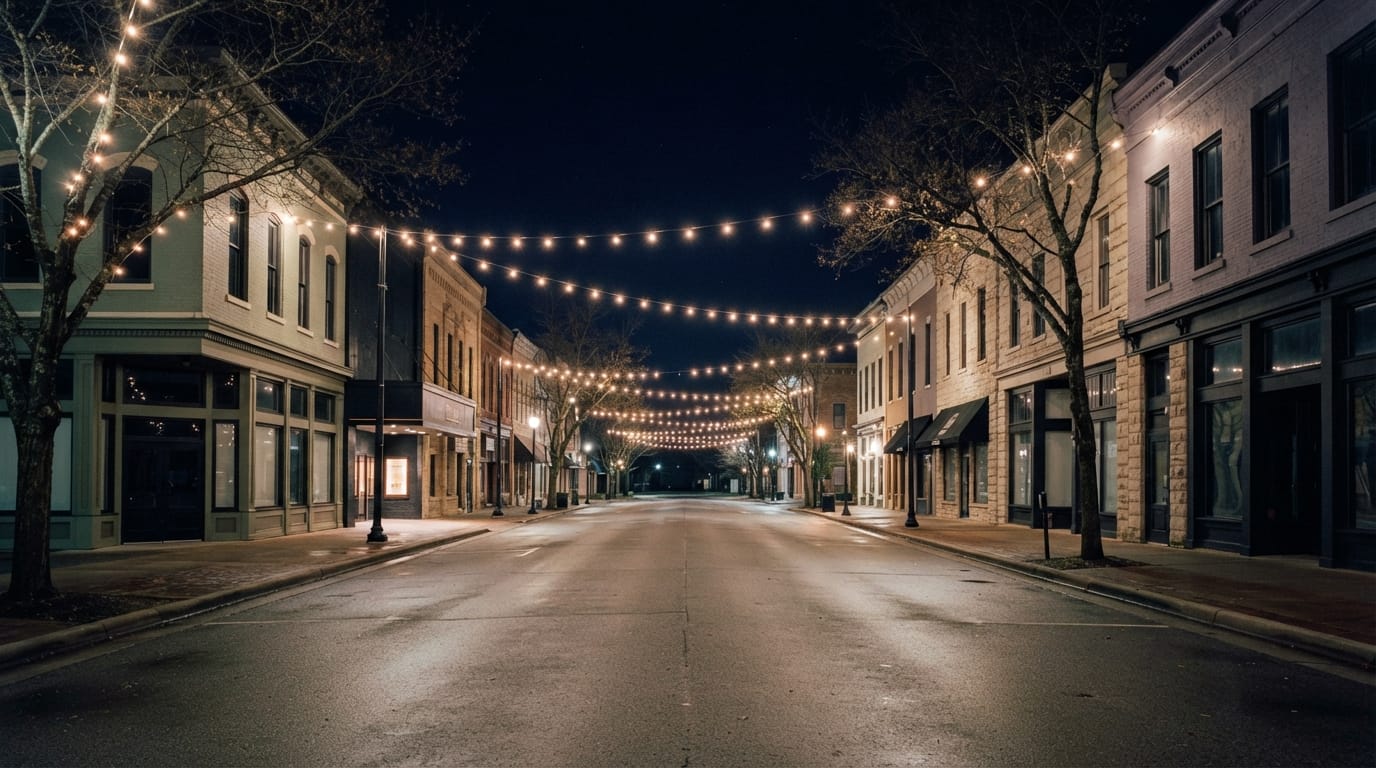 An empty college-town main street with string lights late at night, young and hollow, evoking Tempe