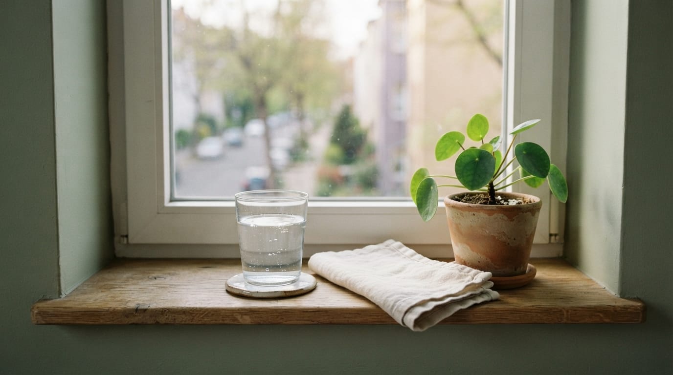Calm morning light on a simple table with a glass of water, evoking relief and clinical clarity in Tempe