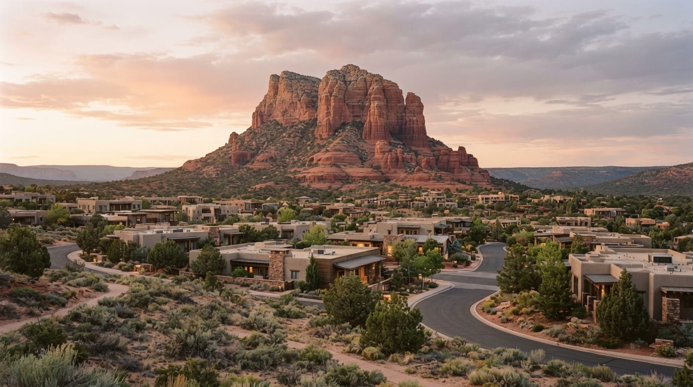 A red sandstone butte rising over a desert college town at golden hour, evoking Tempe