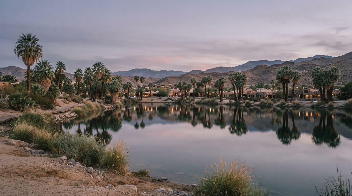 A desert town lake at dusk with palm trees and mirror reflections, evoking Tempe