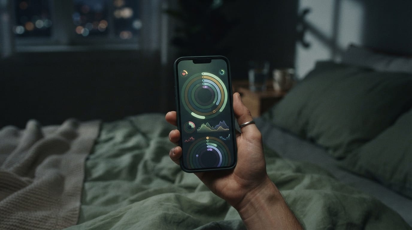 A hand holding a phone glowing with abstract health-dashboard rings in the dark, evoking the biomarker-tracking loop in Tempe