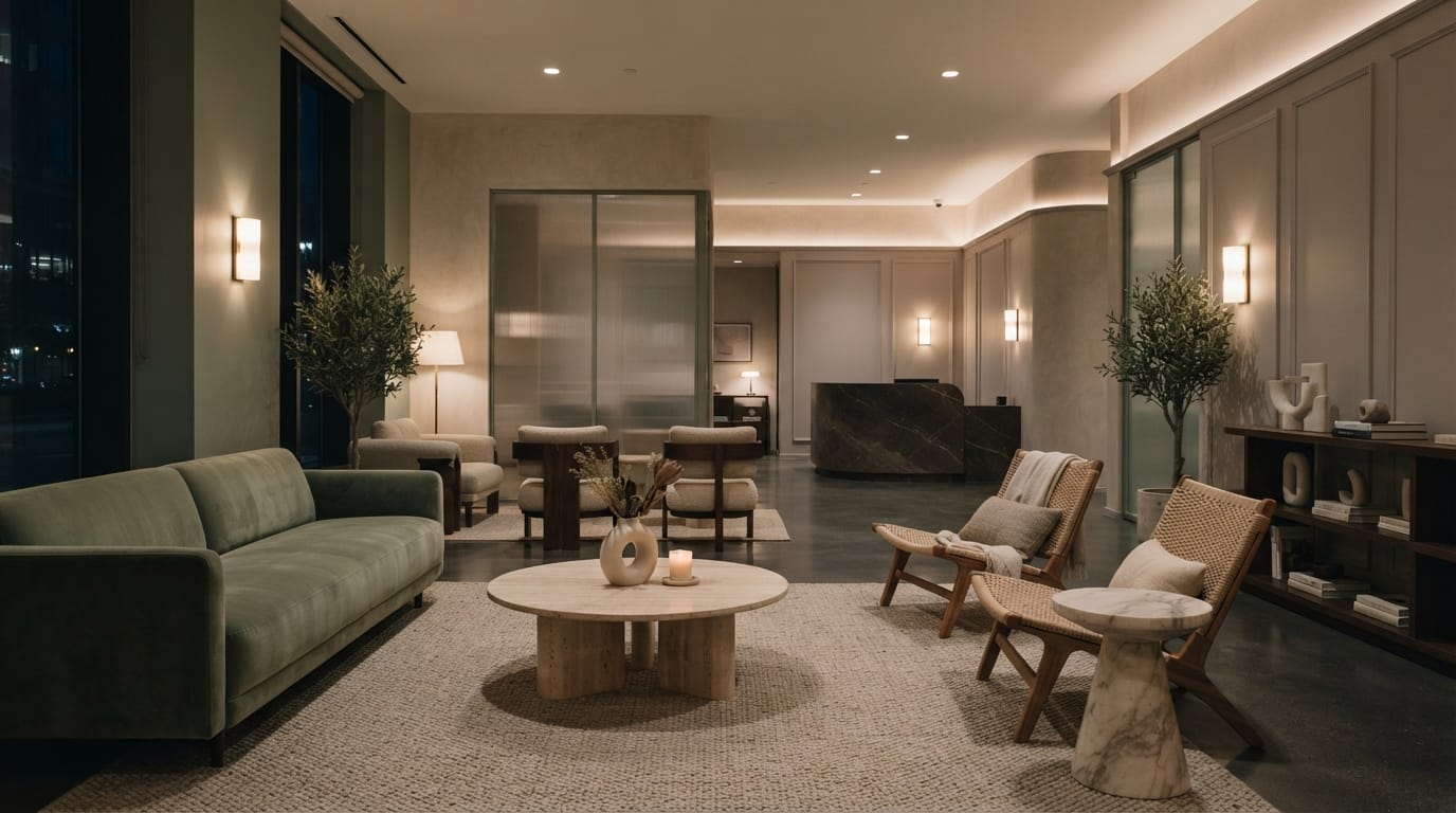 An empty stylish lounge interior late at night, warm and hollow, evoking West Hollywood