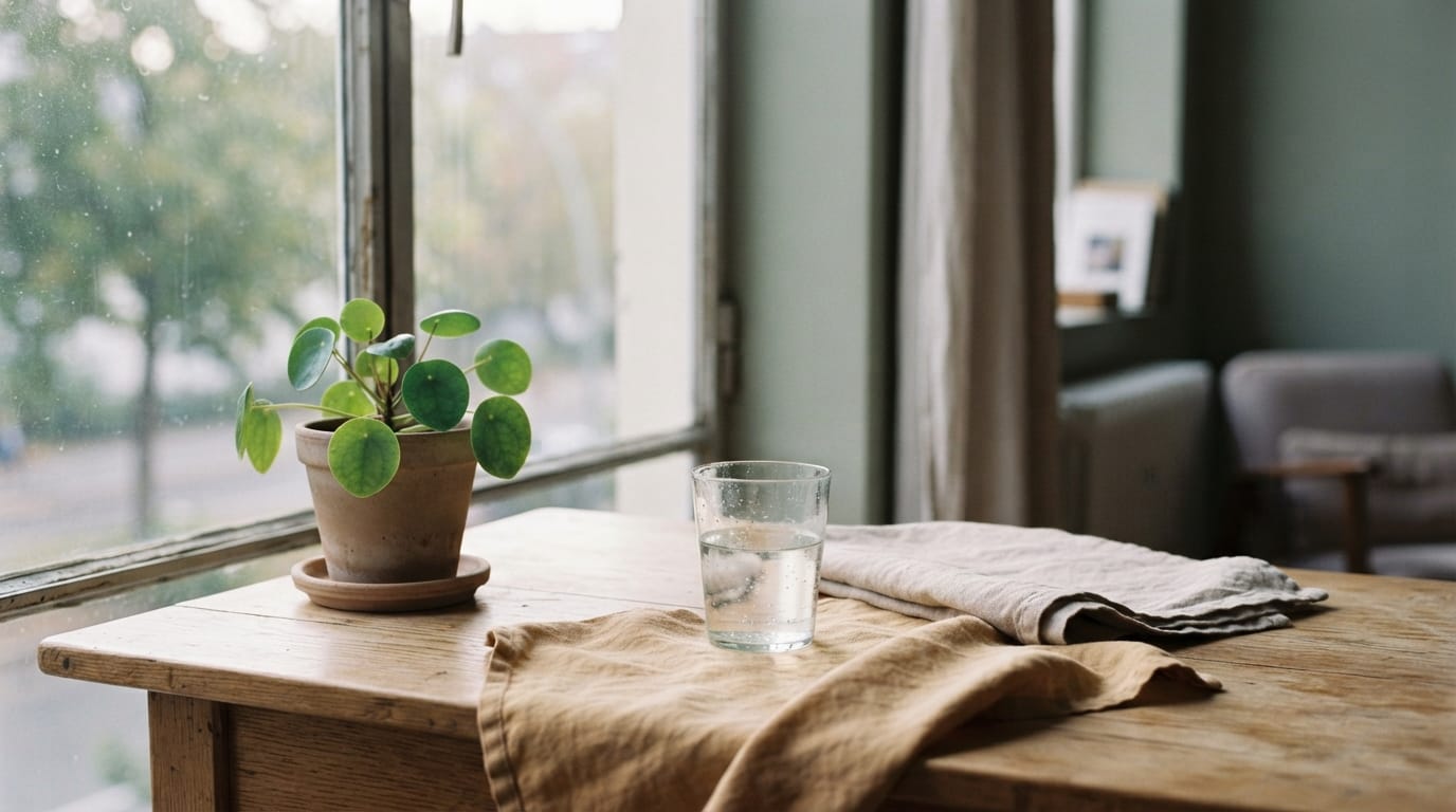 Calm morning light on a simple table with a glass of water, evoking relief and clinical clarity in West Hollywood