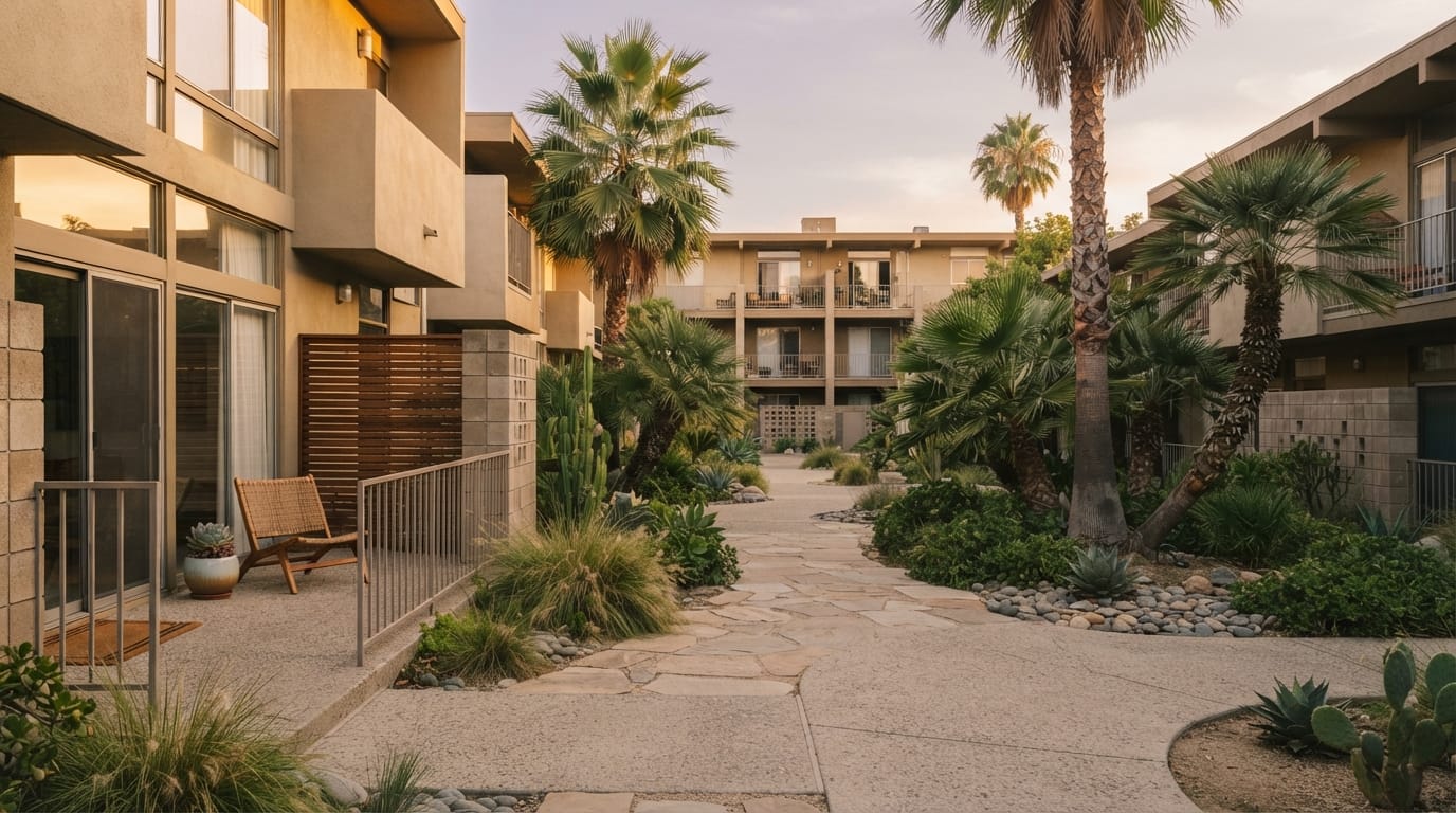 A mid-century modern apartment courtyard with palm trees at golden hour, evoking West Hollywood