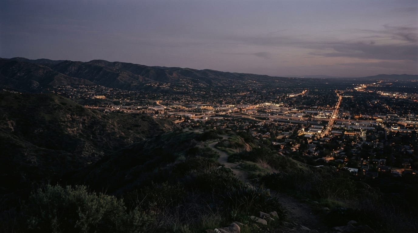 Hills above a glowing city at dusk with warm scattered lights, evoking West Hollywood