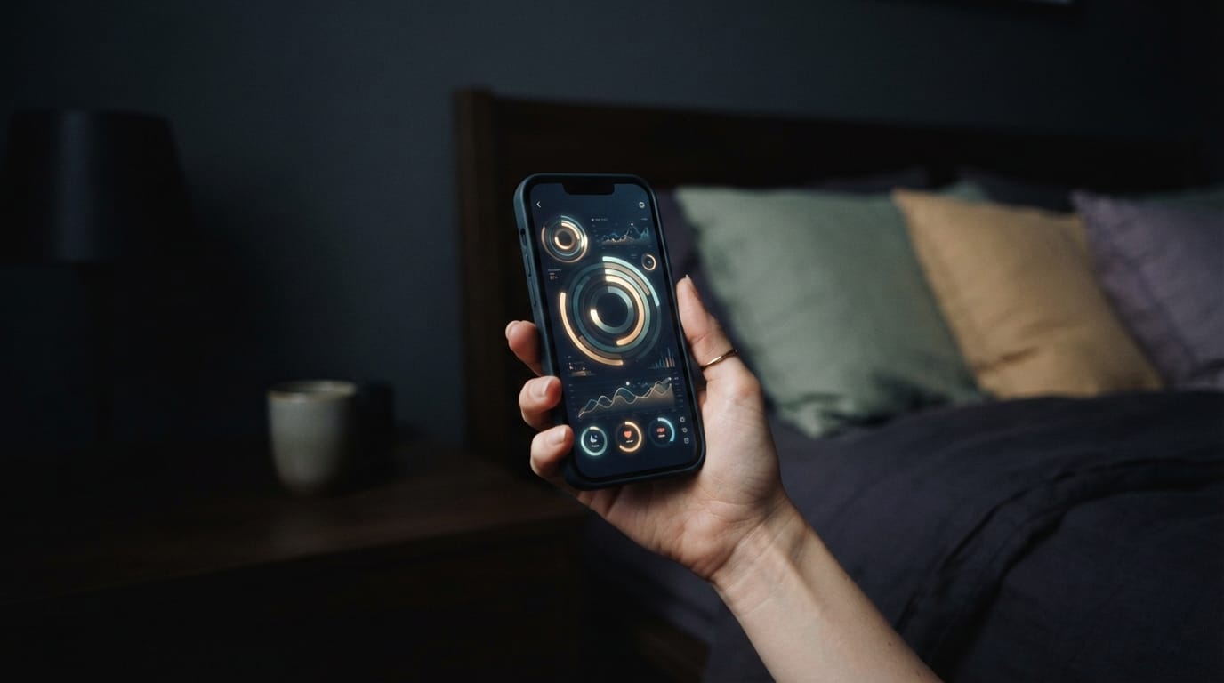 A hand holding a phone glowing with abstract health-dashboard rings in the dark, evoking the biomarker-tracking loop in West Hollywood