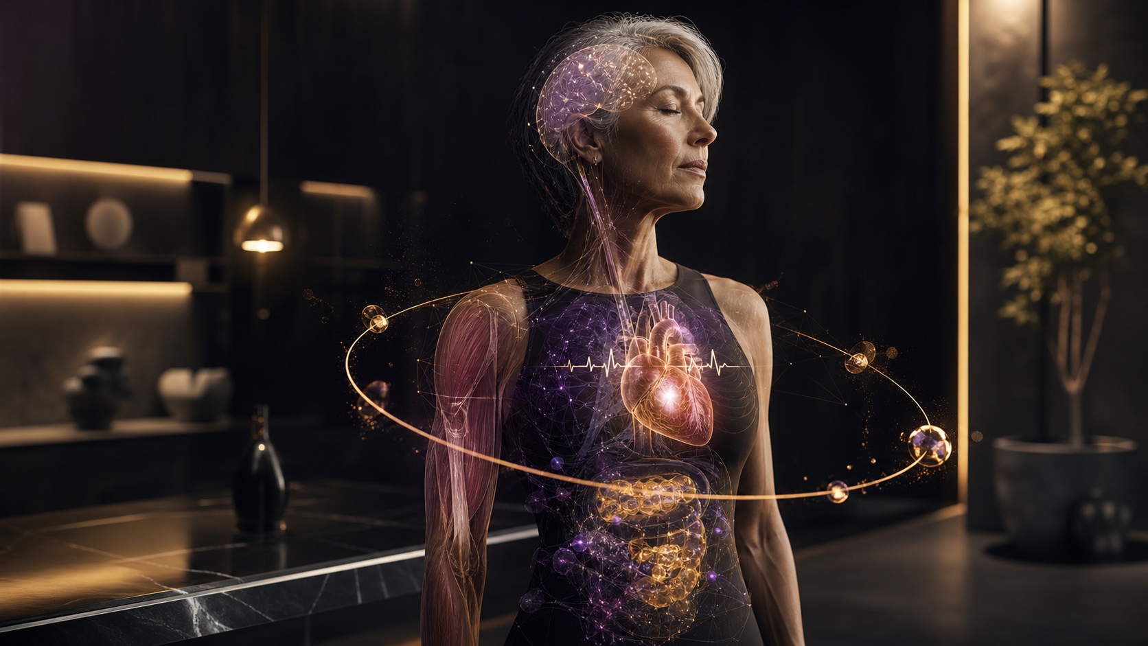 Generated clinical visualization of brain, heart, metabolism, and muscle systems working together