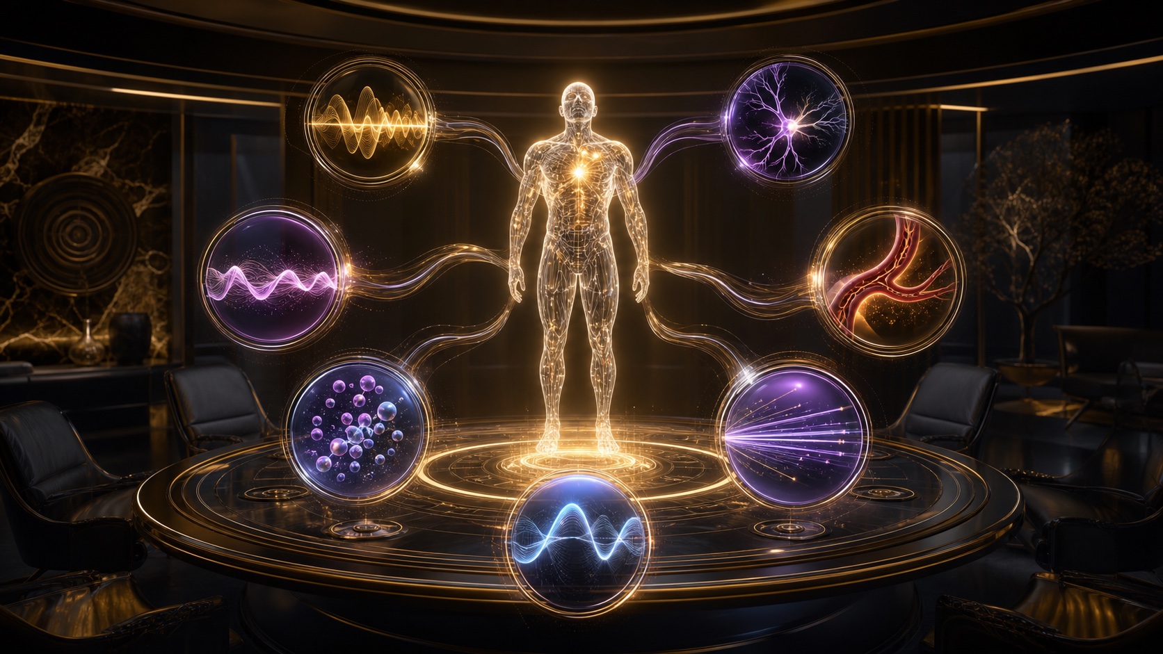 Generated clinical strategy-room visualization of high-yield longevity interventions converging on human capacity