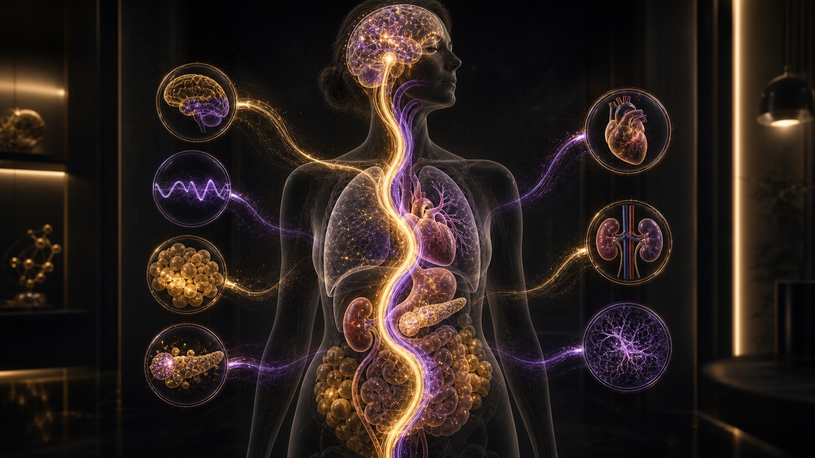 Generated cinematic visualization of appetite biology, sleep oxygen, heart, kidney, and brain risk pathways